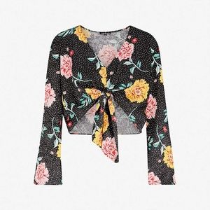 Topshop Jacquard Bell-Sleeve Front-Tie Blouse US 2